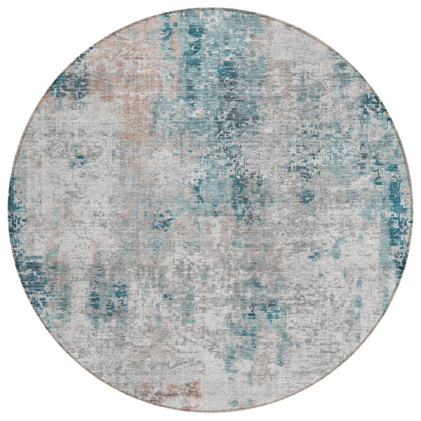 HomeRoots 5' Modern Abstract Teal, Blue, Beige & Copper Area Rug - Washable, Durable for Indoor & Outdoor Use 8' Round 587886