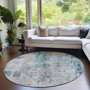Homeroots 3' Denim Blue & Sky Blue Abstract Washable Area Rug For Indoor & Outdoor Spaces - Durable & Stylish 8' Round Polyester 587886