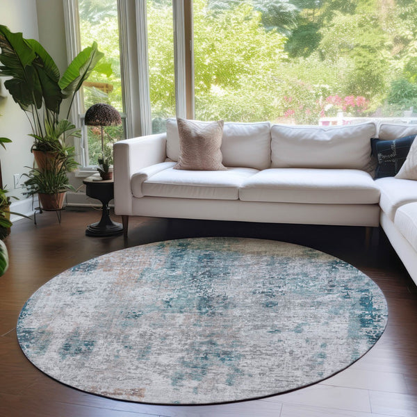 Homeroots 3' Denim Blue & Sky Blue Abstract Washable Area Rug For Indoor & Outdoor Spaces - Durable & Stylish 8' Round Polyester 587886