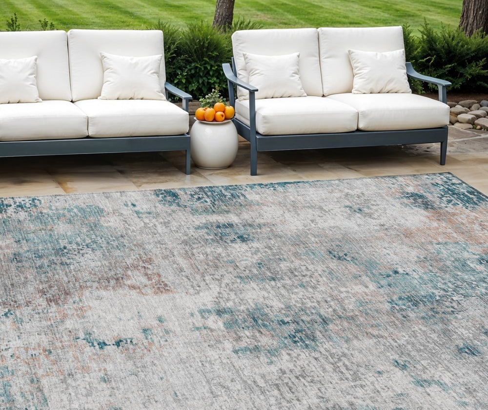 HomeRoots 5' Modern Abstract Teal, Blue, Beige & Copper Area Rug - Washable, Durable for Indoor & Outdoor Use 10' X 14' 587889