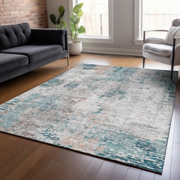 Homeroots 3' Denim Blue & Sky Blue Abstract Washable Area Rug For Indoor & Outdoor Spaces - Durable & Stylish 10' X 14' Polyester 587889