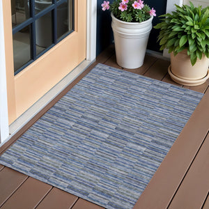 Homeroots 3' Stylish Navy And Denim Striped Washable Area Rug For Indoor And Outdoor Spaces, Durable Design 3' X 5' Polyester 587908