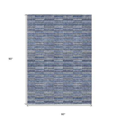 Homeroots 3' Stylish Navy And Denim Striped Washable Area Rug For Indoor And Outdoor Spaces, Durable Design 5' X 8' Polyester 587909