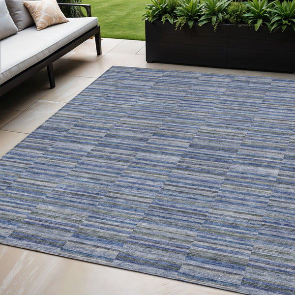 Homeroots 3' Stylish Navy And Denim Striped Washable Area Rug For Indoor And Outdoor Spaces, Durable Design 5' X 8' Polyester 587909