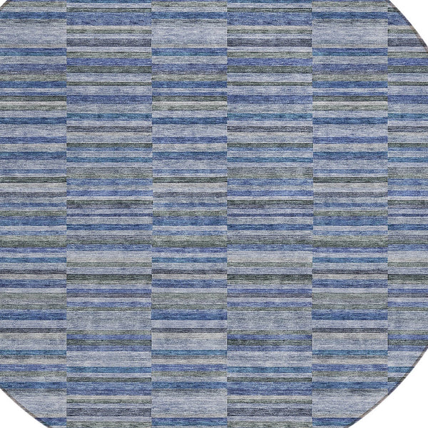 Homeroots 3' Stylish Navy And Denim Striped Washable Area Rug For Indoor And Outdoor Spaces, Durable Design 8' Round Polyester 587910