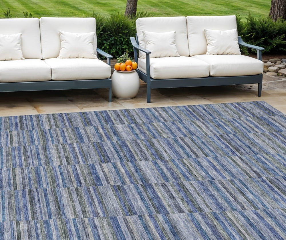 HomeRoots 9' Navy and Denim Blue Striped Indoor Outdoor Area Rug - Durable, Washable, Coastal Style for Any Space 9' X 12' 587912