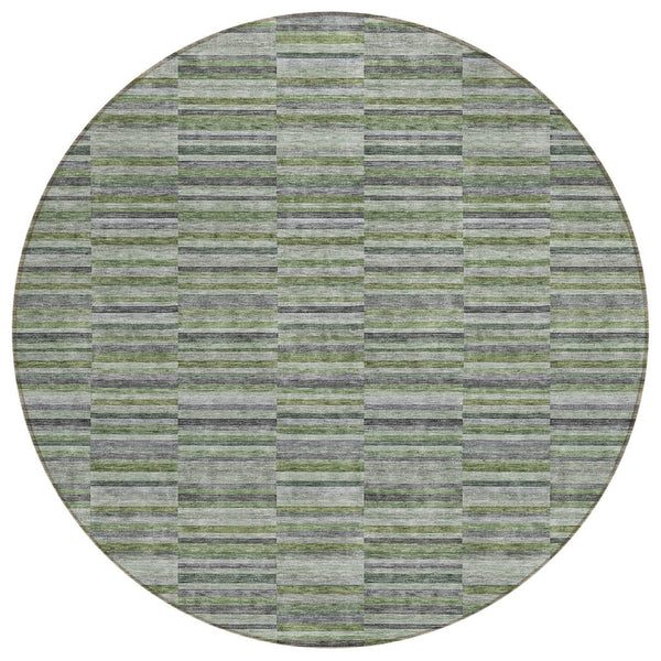 HomeRoots 5' Olive Green and Gray Striped Washable Area Rug for Indoor and Outdoor Spaces, Easy Care & Durable 8' Round 587916
