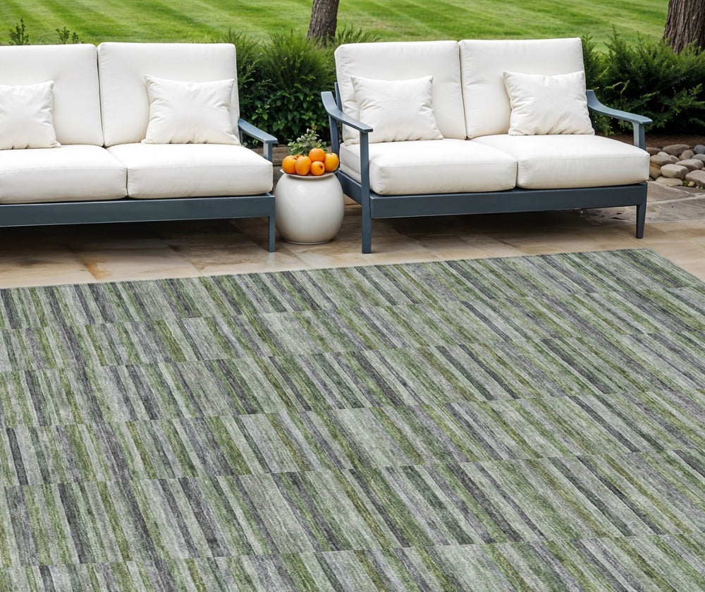 HomeRoots 9' Olive Green and Gray Striped Washable Area Rug - Durable Indoor Outdoor Style for High-Traffic Spaces 9' X 12' 587918