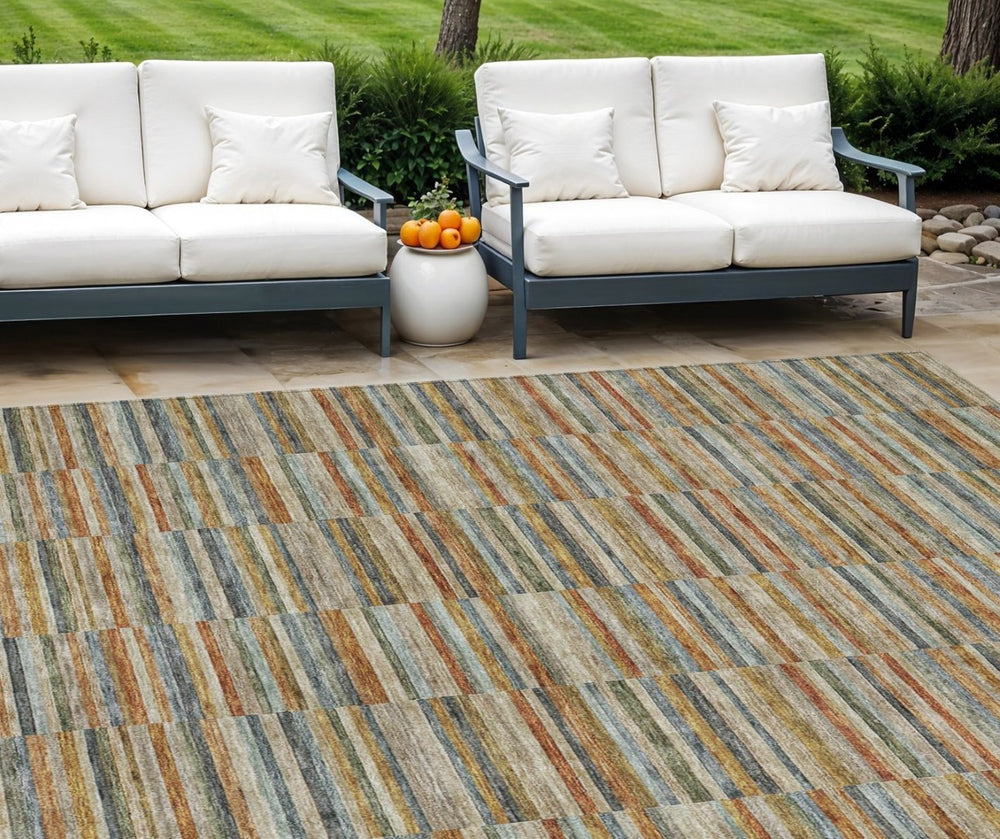 HomeRoots 5' Vibrant Orange Copper and Gray Striped Washable Indoor Outdoor Area Rug for Versatile Spaces 8' X 10' 587923