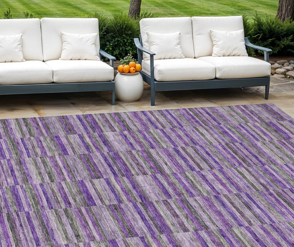 HomeRoots 5' Striped Indoor Outdoor Area Rug in Purple and Lavender - Stain Resistant, Machine Washable Design 8' X 10' 587929