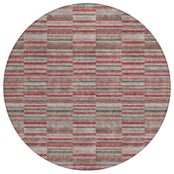 HomeRoots 5' Striped Area Rug in Red, Beige & Copper - Durable, Washable Design for Indoor and Outdoor Use 8' Round 587934
