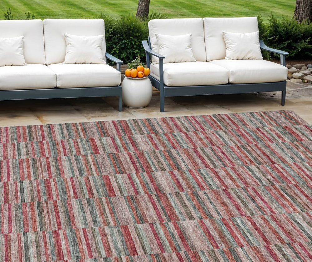 HomeRoots 9' Washable Indoor Outdoor Area Rug in Red, Beige, and Copper Stripes – Durable, Stylish, Easy Care! 9' X 12' 587936