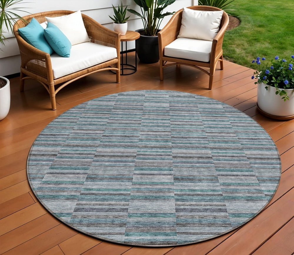 HomeRoots 5' Stylish Teal Blue Aqua and Gray Striped Washable Area Rug for Indoor and Outdoor Spaces 8' Round 587940