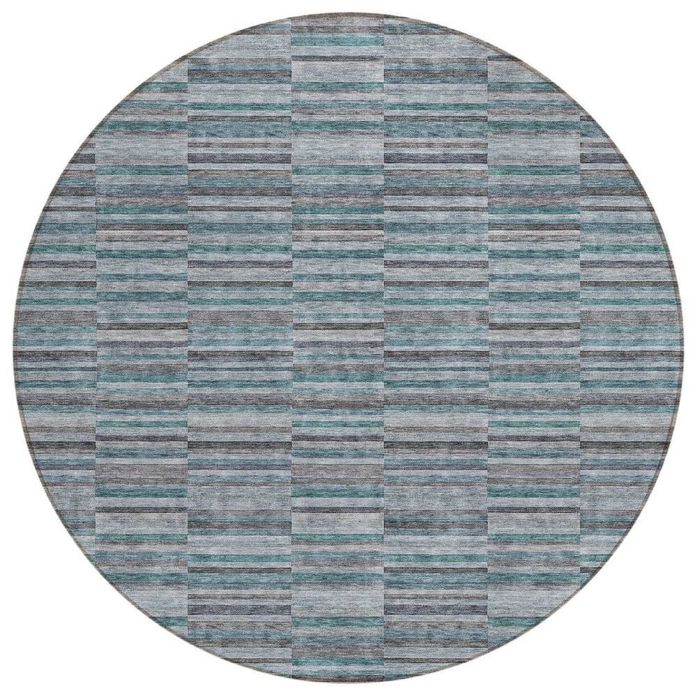 HomeRoots 5' Stylish Teal Blue Aqua and Gray Striped Washable Area Rug for Indoor and Outdoor Spaces 8' Round 587940