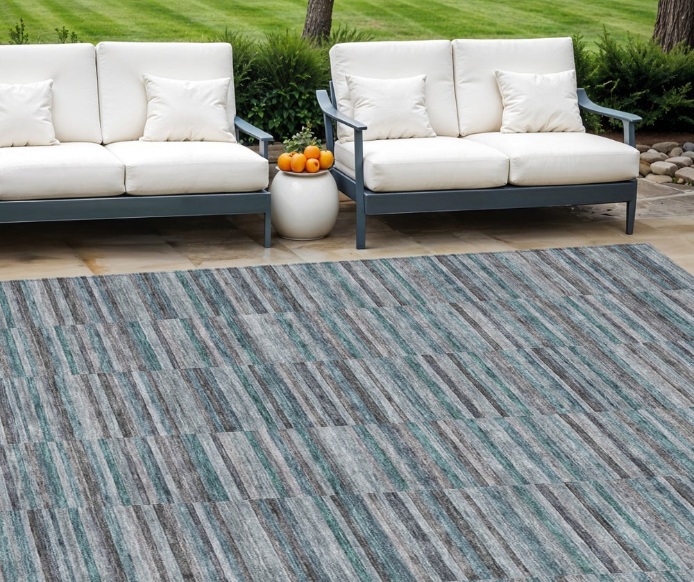 HomeRoots 9' Stylish Teal Blue Aqua and Gray Striped Washable Area Rug for Indoor Outdoor Versatility and Durability 9' X 12' 587942