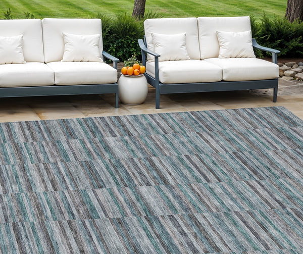 Homeroots 3' Stylish Navy And Denim Striped Washable Area Rug For Indoor And Outdoor Spaces, Durable Design 10' X 14' Polyester 587943