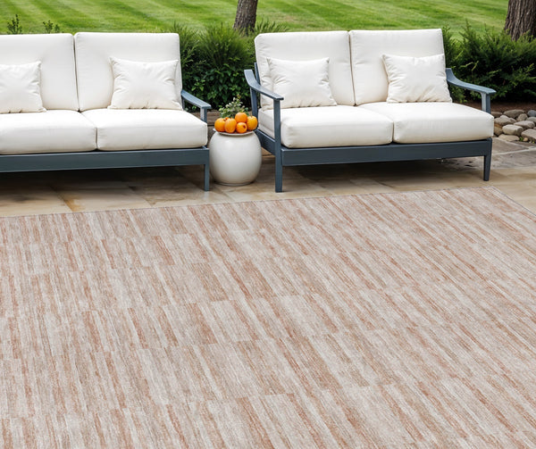 Homeroots 3' Blush Pink And Beige Striped Washable Area Rug - Stylish Indoor Outdoor Decor For Any Space 10' X 14' Polyester 587973