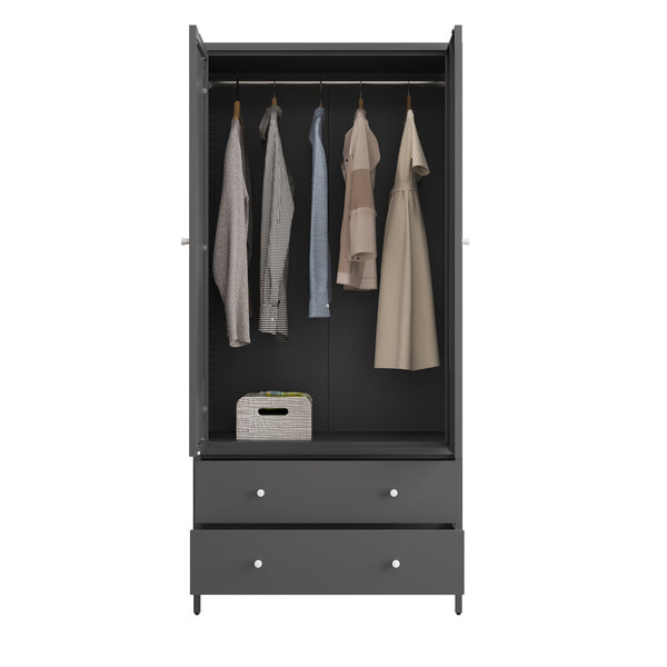 English Elm Metal Armoire Retro Steel Wardrobe with Mirror Door, 2 Drawers, Hanging Rod & Magnetic Closure, Dark Gray W2378P176281