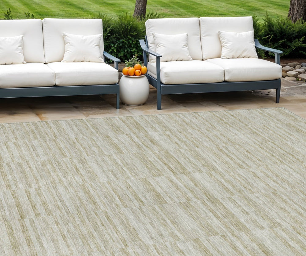 HomeRoots 9' Durable Taupe Beige and Tan Striped Washable Area Rug for Indoor and Outdoor Living Spaces 9' X 12' 587978