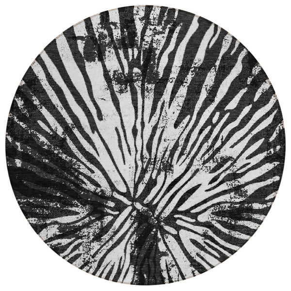 HomeRoots 5' Modern Abstract Black Charcoal and Ivory Washable Indoor Outdoor Area Rug for High Traffic Spaces 8' Round 587994