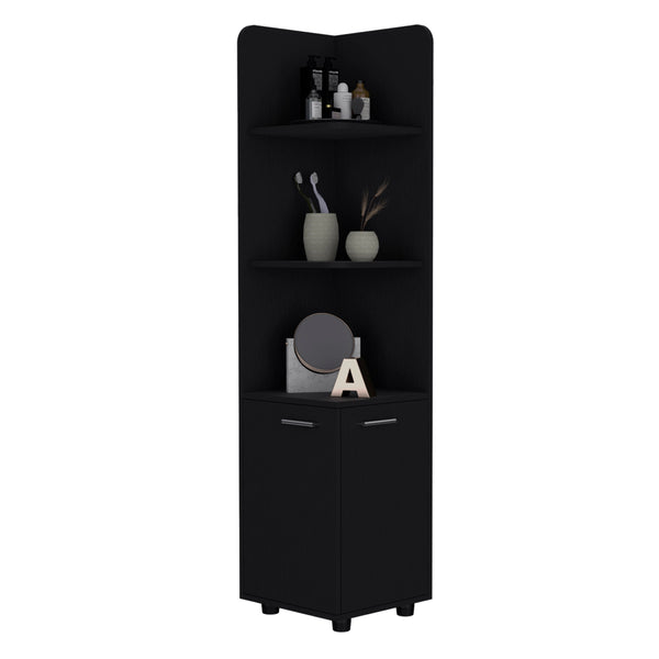 English Elm Malibu 62" Tall Corner Linen Cabinet Black with 3 Open Shelves & Double-Door Base, Modern Storage B200P240242