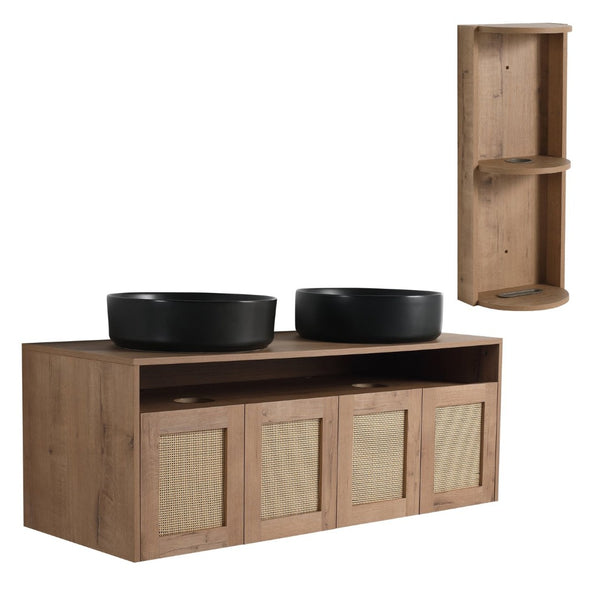 English Elm 48" Floating Bathroom Vanity Oak Finish Dual Ceramic Sinks Four Soft Close Doors W999S00505