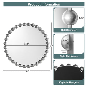 JLA Home Madison Park Signature - 27" Medium Beaded Metal Wall Mirror with Antique Silver Finish, HD Glass, Ready-to-Hang Elegance MPS95F-0035