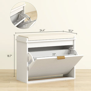English Elm Shoe Storage Bench with Flip Cabinet Cushioned Seat Beadboard Entryway Organizer T3971P430894