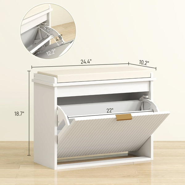 English Elm Shoe Storage Bench with Flip Cabinet Cushioned Seat Beadboard Entryway Organizer T3971P430894