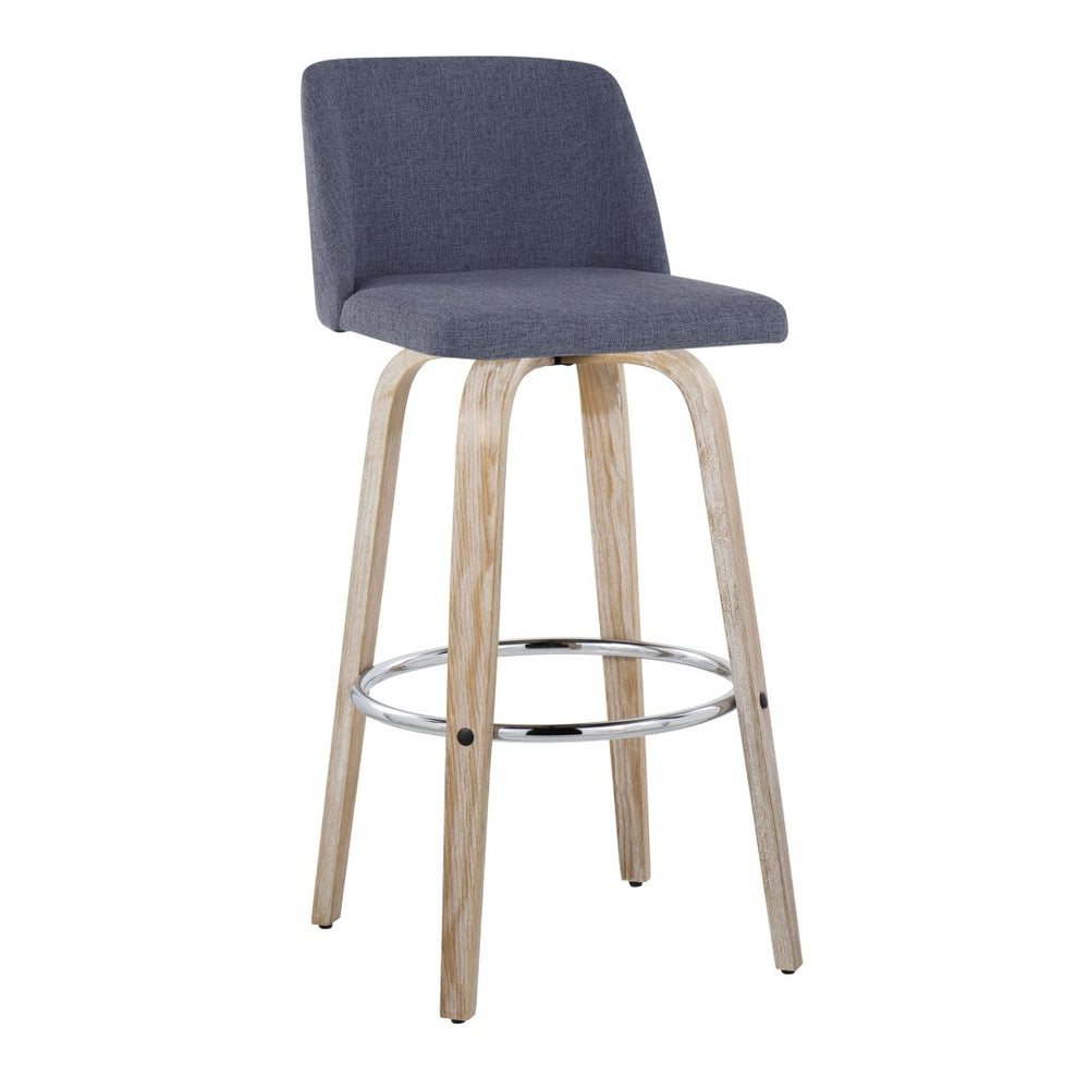 English Elm 30" Swivel Barstools Set of 2 Whitewashed Wood Blue Seat Chrome Footrest Bar B202S00678