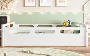 English Elm Twin Low Profile Floor Bed with Guardrails Pine Wood Frame Minimalist Bedroom White W1580P438792