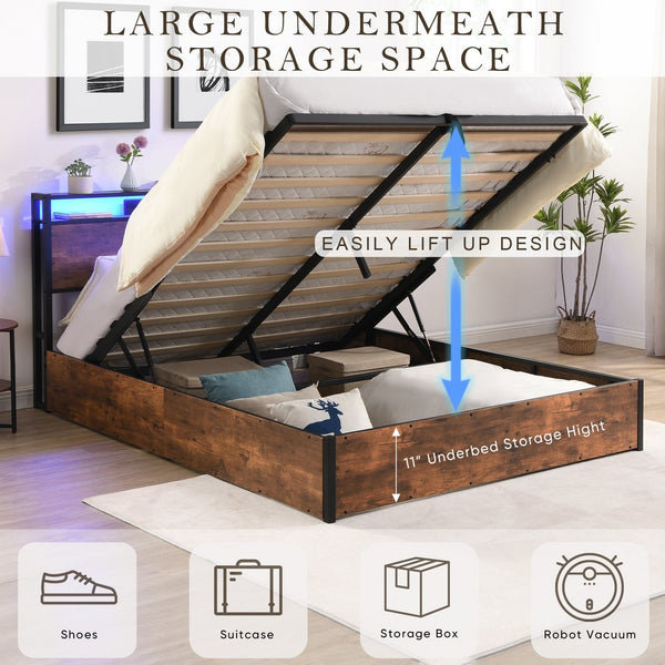 English Elm Lift-Up Storage Bed Frame: Full-Sized Platform Bed With Led Lights, Charging Station & Rustic Brown Finish W1916P184709
