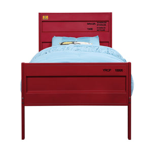 English Elm Red Metal Twin Platform Bed with Industrial Cargo-Container Design, Panel Headboard, Low Footboard B062P186402