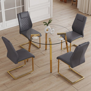 English Elm Table Set: Modern Minimalist Round Glass Dining Table With Elegant Dark Gray Pu Leather Chairs W1151S01716-GIGA