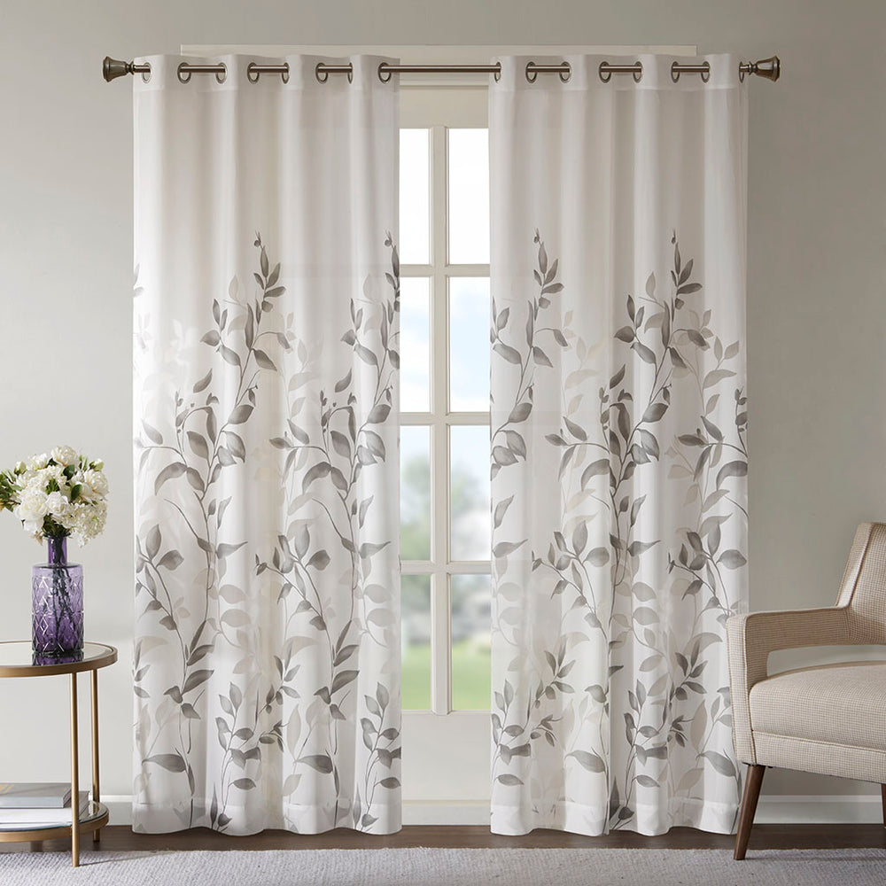 JLA Home Madison Park - Burnout Botanical Curtain Panel with OEKO-TEX Fabric, Silver Grommets, Textured Layered Print for Modern Rooms Grey MP40-7909