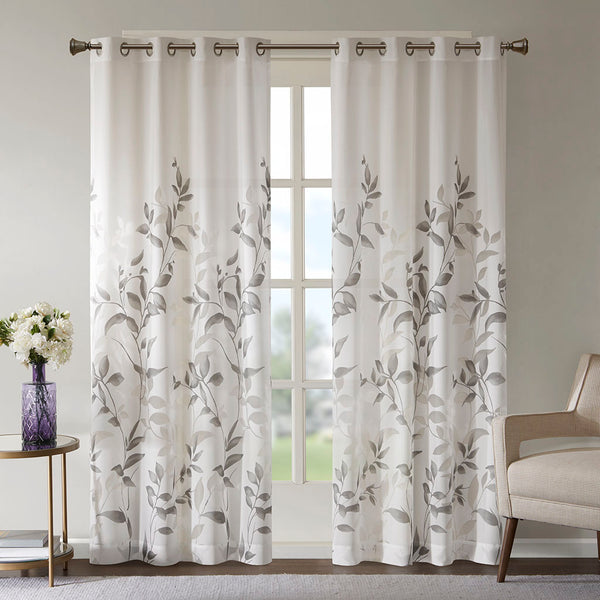 JLA Home Madison Park - Burnout Botanical Curtain Panel with OEKO-TEX Fabric, Silver Grommets, Textured Layered Print for Modern Rooms Grey MP40-7909