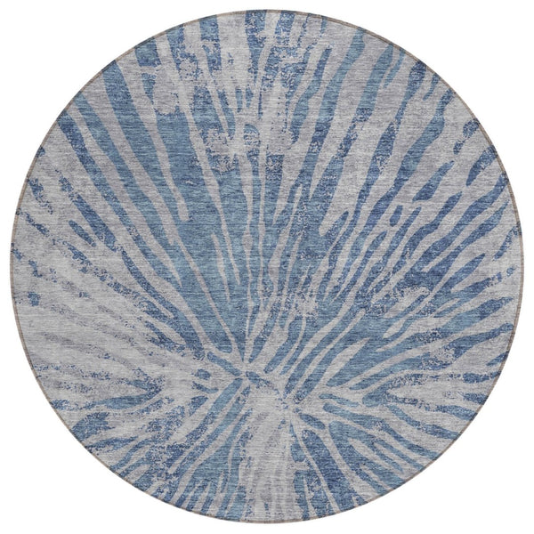 HomeRoots 5' Stylish Blue-Gray and Silver Abstract Washable Area Rug for Indoor and Outdoor Spaces 8' Round 588006