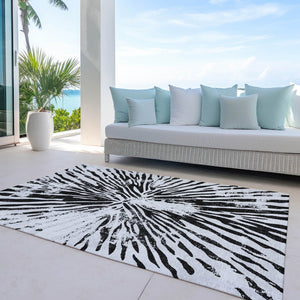 Homeroots 3' Modern Black Charcoal And Ivory Abstract Washable Indoor Outdoor Area Rug For Stylish Spaces 8' X 10' Polyester 588013