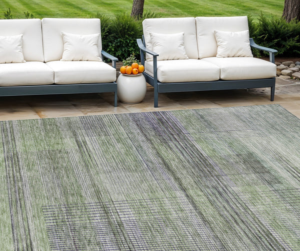 Homeroots 3' Striped Artichoke Green And Purple Washable Area Rug For Indoor And Outdoor Spaces, Durable Design 9' X 12' Polyester 588044