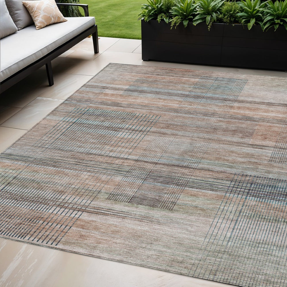 HomeRoots 5' Copper Gray and Blue Striped Indoor Outdoor Area Rug for High-Traffic Spaces and Easy Care 5' X 8' 588053