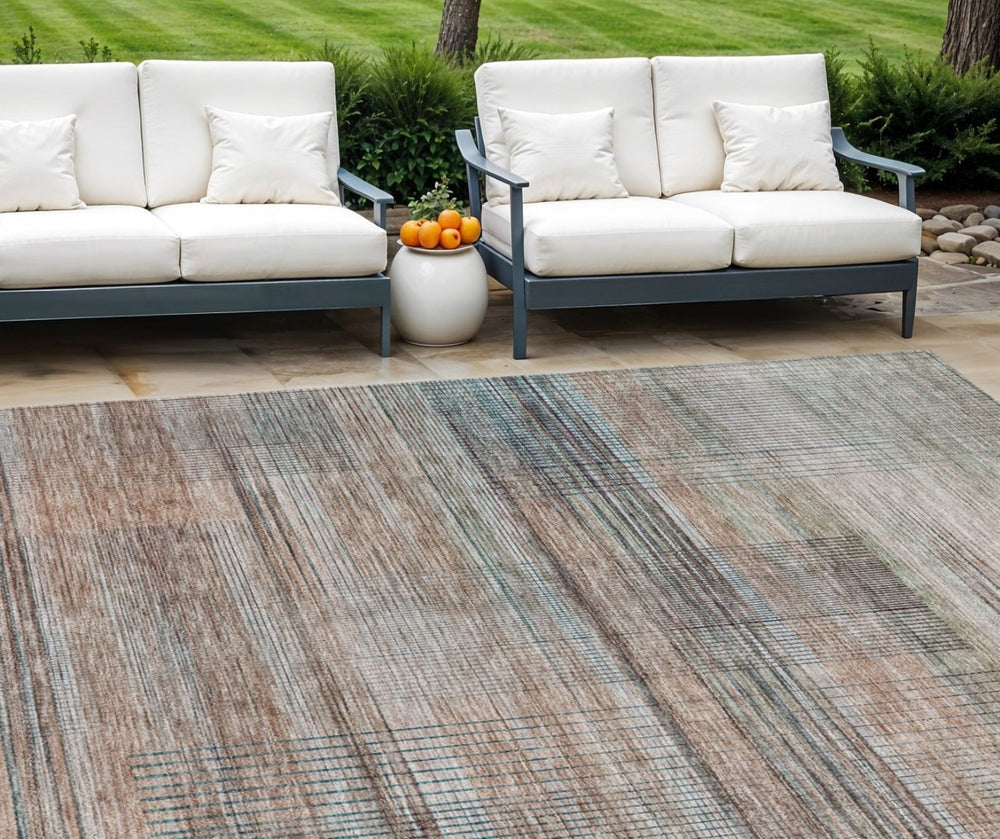 HomeRoots 9' Copper Gray and Blue Striped Indoor Outdoor Area Rug - Durable, Stain-Resistant, Machine Washable 9' X 12' 588056