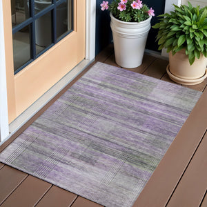 Homeroots 3' Striped Artichoke Green And Purple Washable Area Rug For Indoor And Outdoor Spaces, Durable Design 3' X 5' Polyester 588064
