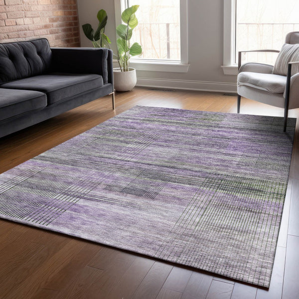 Homeroots 3' Striped Artichoke Green And Purple Washable Area Rug For Indoor And Outdoor Spaces, Durable Design 5' X 8' Polyester 588065