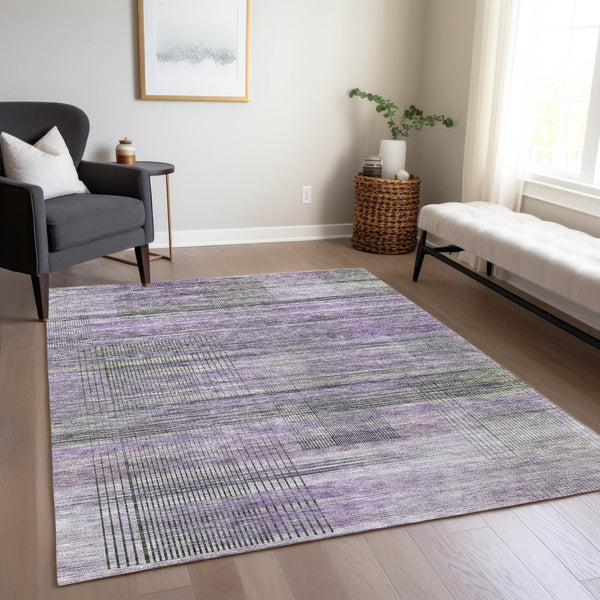 Homeroots 3' Striped Artichoke Green And Purple Washable Area Rug For Indoor And Outdoor Spaces, Durable Design 5' X 8' Polyester 588065