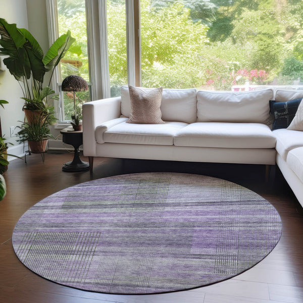 Homeroots 3' Striped Artichoke Green And Purple Washable Area Rug For Indoor And Outdoor Spaces, Durable Design 8' Round Polyester 588066