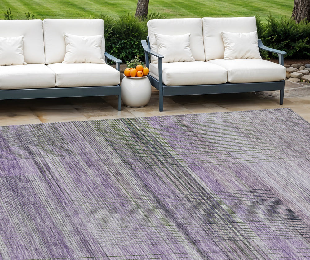 Homeroots 3' Striped Artichoke Green And Purple Washable Area Rug For Indoor And Outdoor Spaces, Durable Design 10' X 14' Polyester 588069