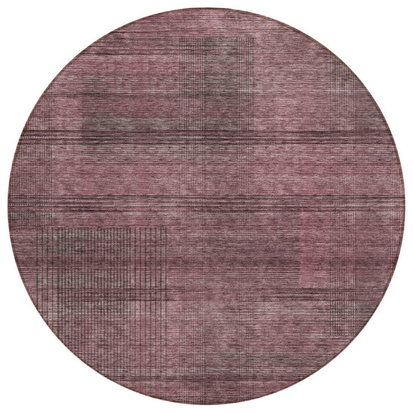 HomeRoots 5' Stylish Merlot and Gray Striped Washable Area Rug for Indoor and Outdoor Use, Durable Design 8' Round 588096