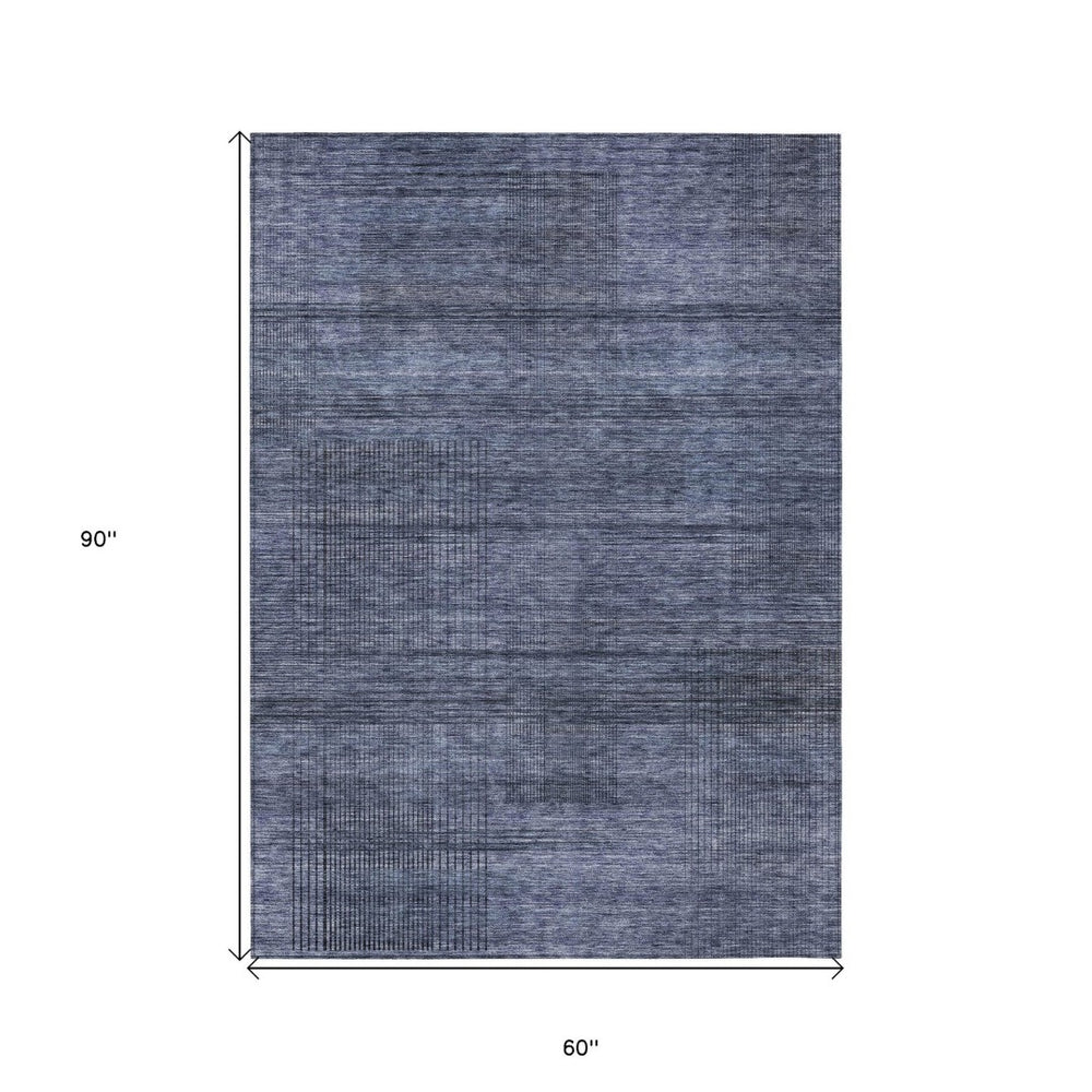 HomeRoots 5' Navy Blue and Gray Striped Indoor Outdoor Area Rug – Durable, Washable, and Stylish for Any Space 5' X 8' 588101