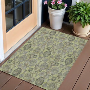 Homeroots 3' Stylish Artichoke Green And Gray Damask Rug - Washable, Durable, Perfect For Indoor And Outdoor Spaces 3' X 5' Polyester 588130
