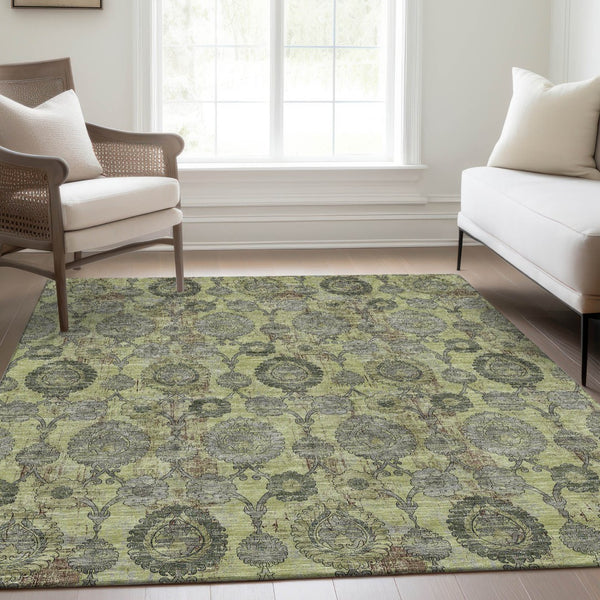 Homeroots 3' Stylish Artichoke Green And Gray Damask Rug - Washable, Durable, Perfect For Indoor And Outdoor Spaces 5' X 8' Polyester 588131